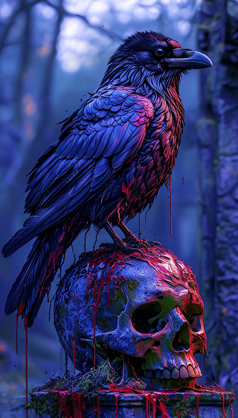 Majestic Raven on Skull with Dark Artistic Vibes Mobile Wallpaper