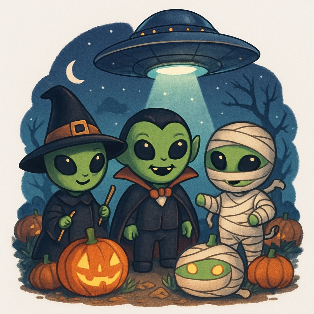 Whimsical Alien Halloween Characters with Jack-O'-Lanterns T-shirt