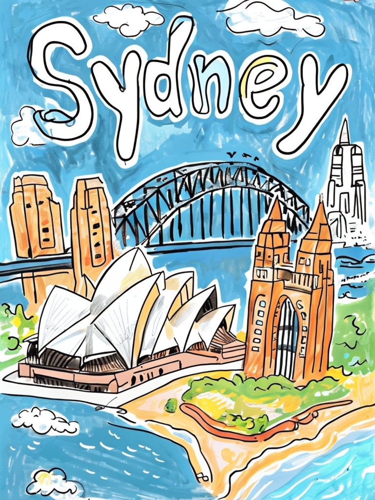 Whimsical Cartoon Doodle Illustration of Sydney Poster