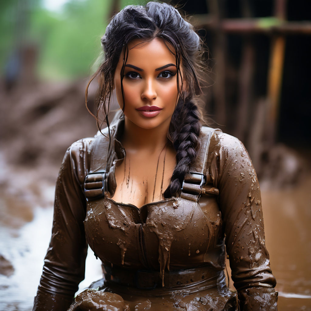 high resolution photo of a beautiful busty woman in a drenched dress  ((perfect face)) ((her skin is stained with dirt and grime)) ((wet and  disheveled hair))