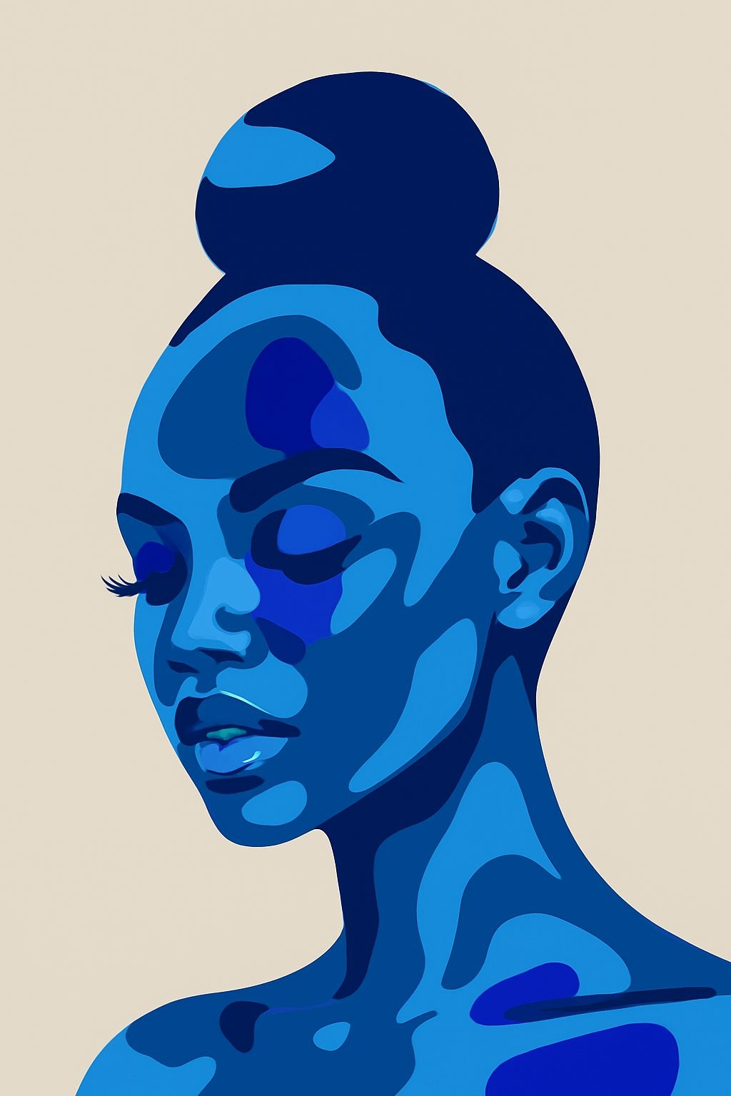 Modern Abstract Blue-Toned Woman Portrait Illustration Art