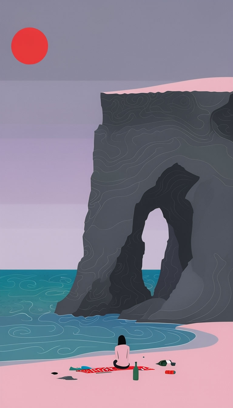 Serene Coastal Sunset Illustration with Tranquil Elements Mobile Wallpaper