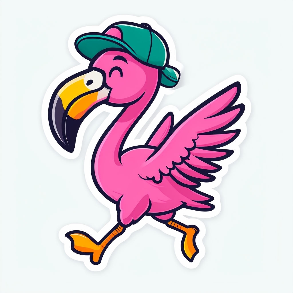 Playful Pink Flamingo Cartoon with Teal Baseball Cap Sticker