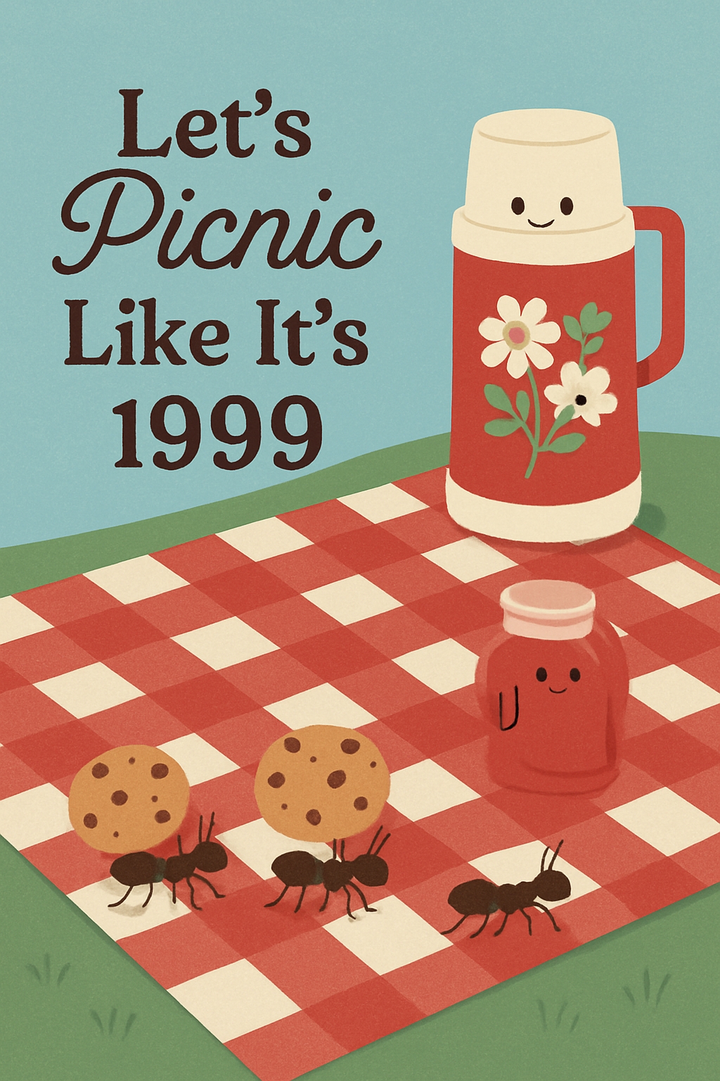 Nostalgic 90s Picnic Cartoon Illustration for Invitations Cards & Invites