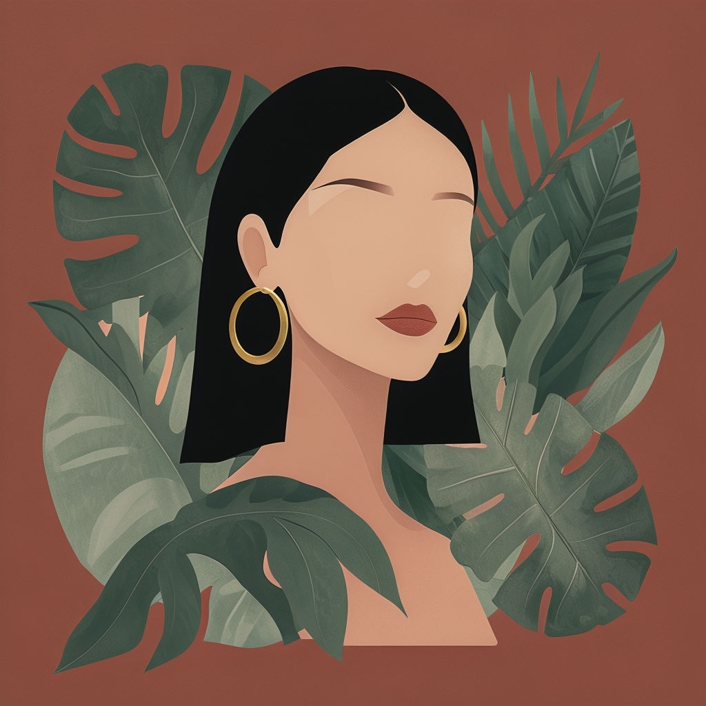 Stylized Woman Portrait with Tropical Leaves Digital Art