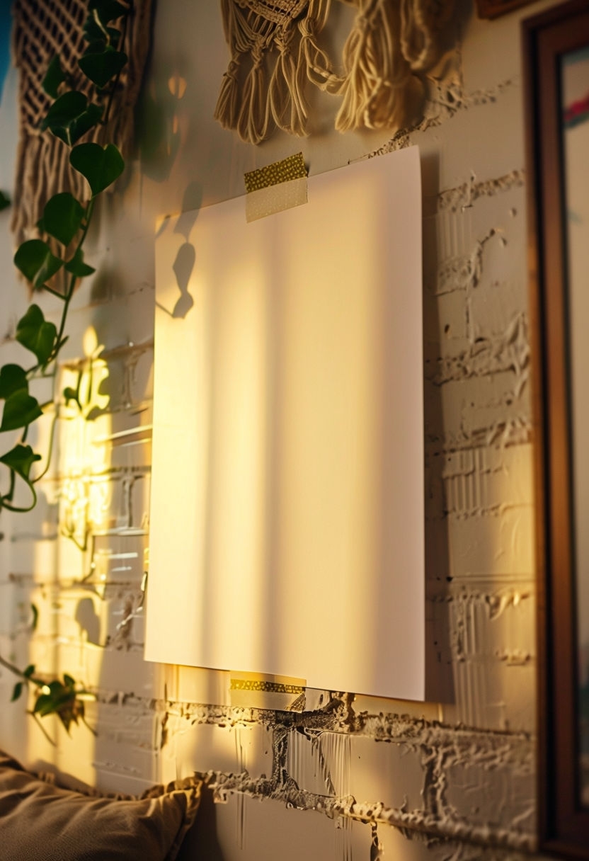Bohemian Bedroom Decor with Blank White Poster Photography Mockup