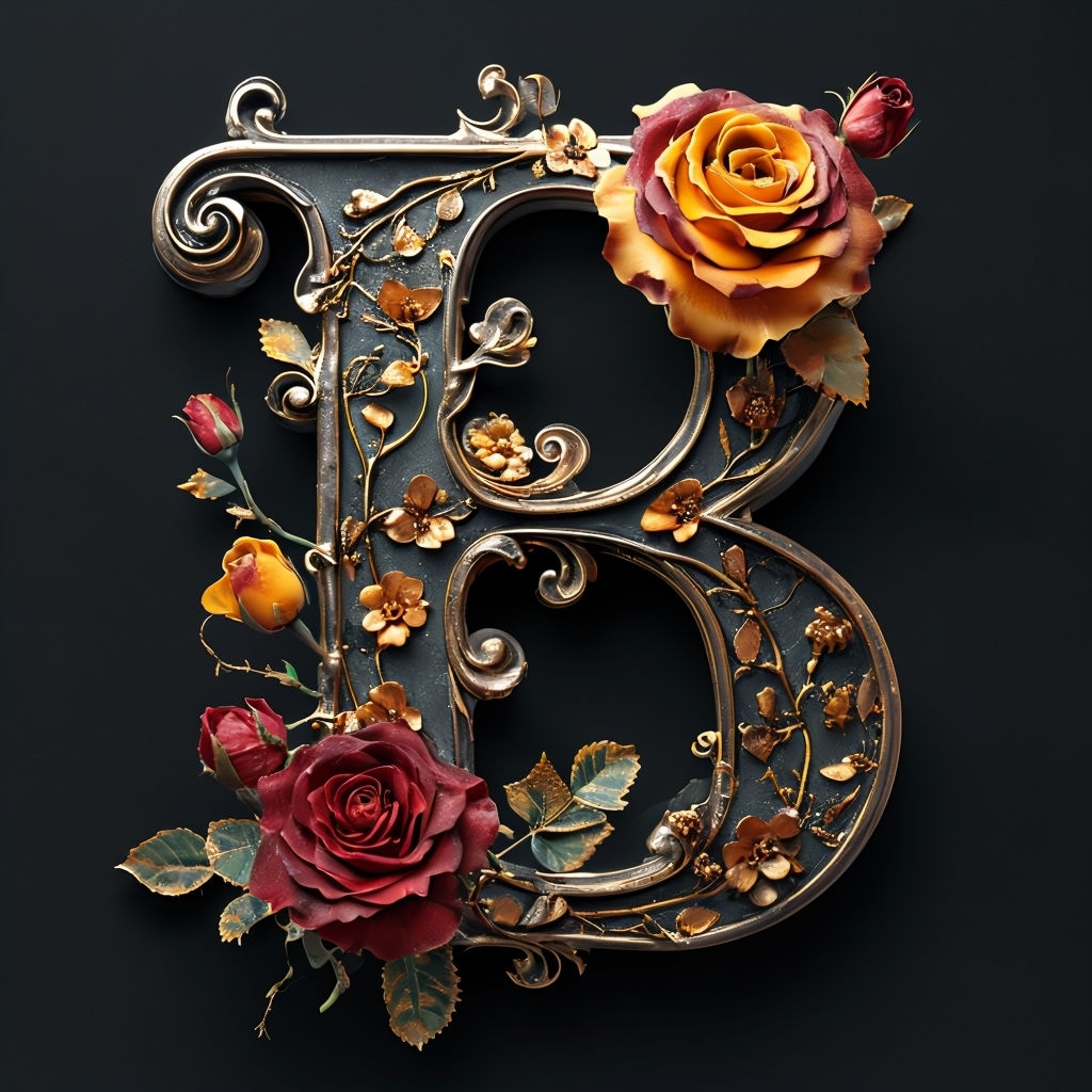 Ornate Floral Letter B with Gold and Roses Monogram