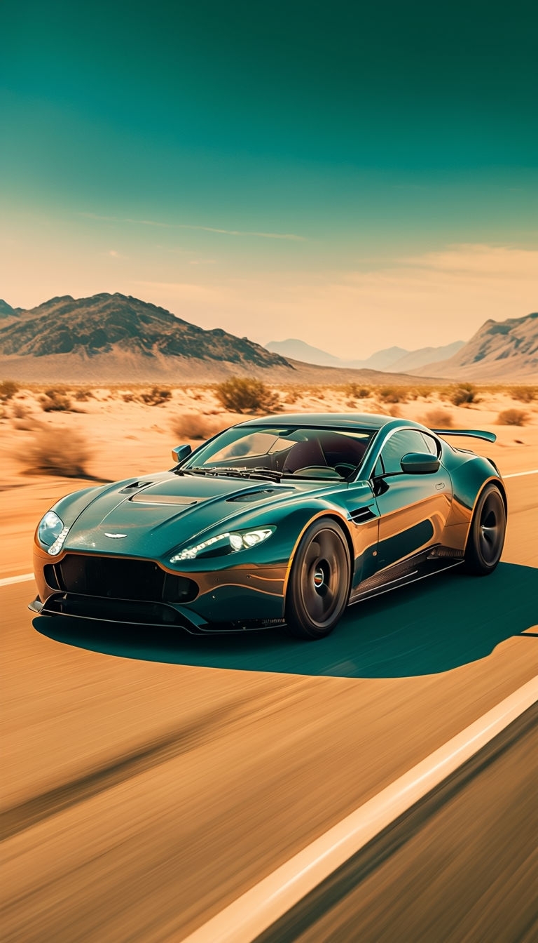 Sleek Aston Martin V16 Vantage in Desert Landscape Mobile Wallpaper