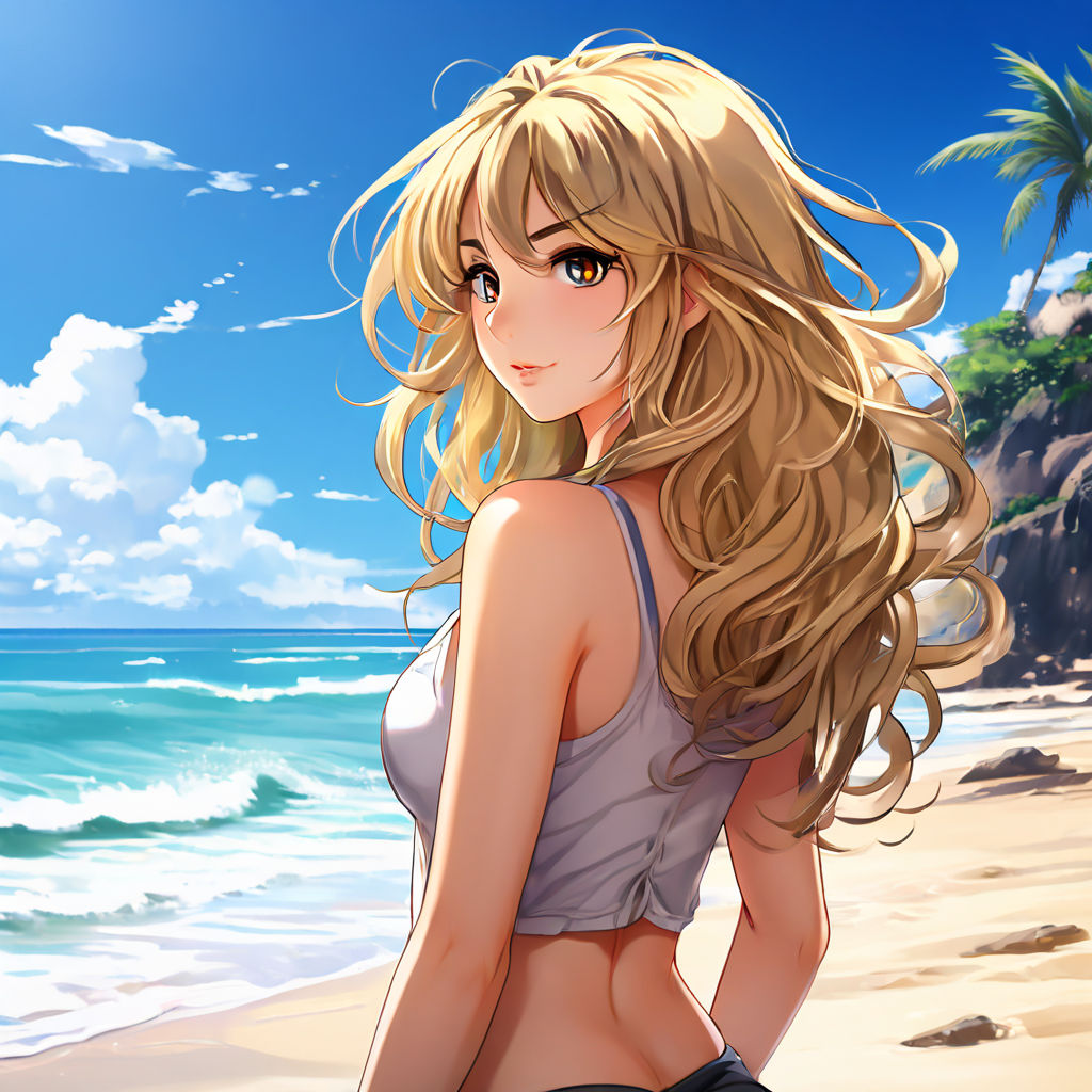 anime woman wearing black tight booty shorts and white string top shirt at  the beach detailed beautiful booty cheeks 4k detailed quality manga comic  movie scene Japanese Cartoon Art Styles Conceptual character