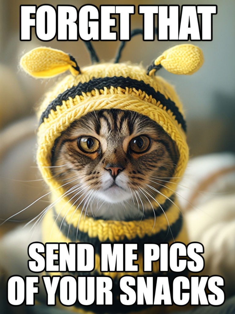 Fluffy Cat in Bee Hat with Snack Request Text Meme