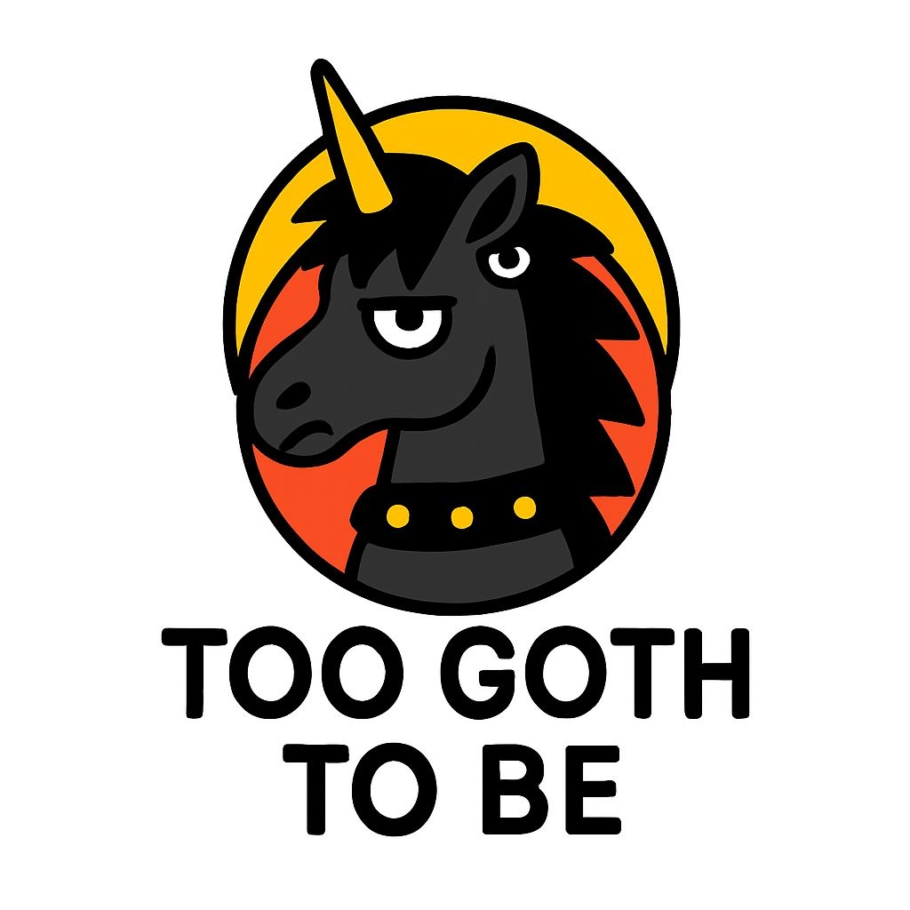 Gothic Cartoon Unicorn Head Logo with Playful Text Sticker