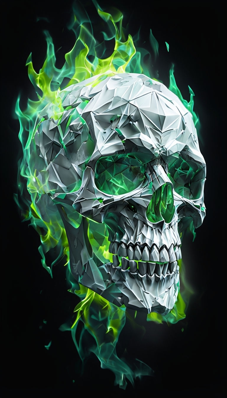 Geometric Skull with Neon Green Flames Digital Art Mobile Wallpaper