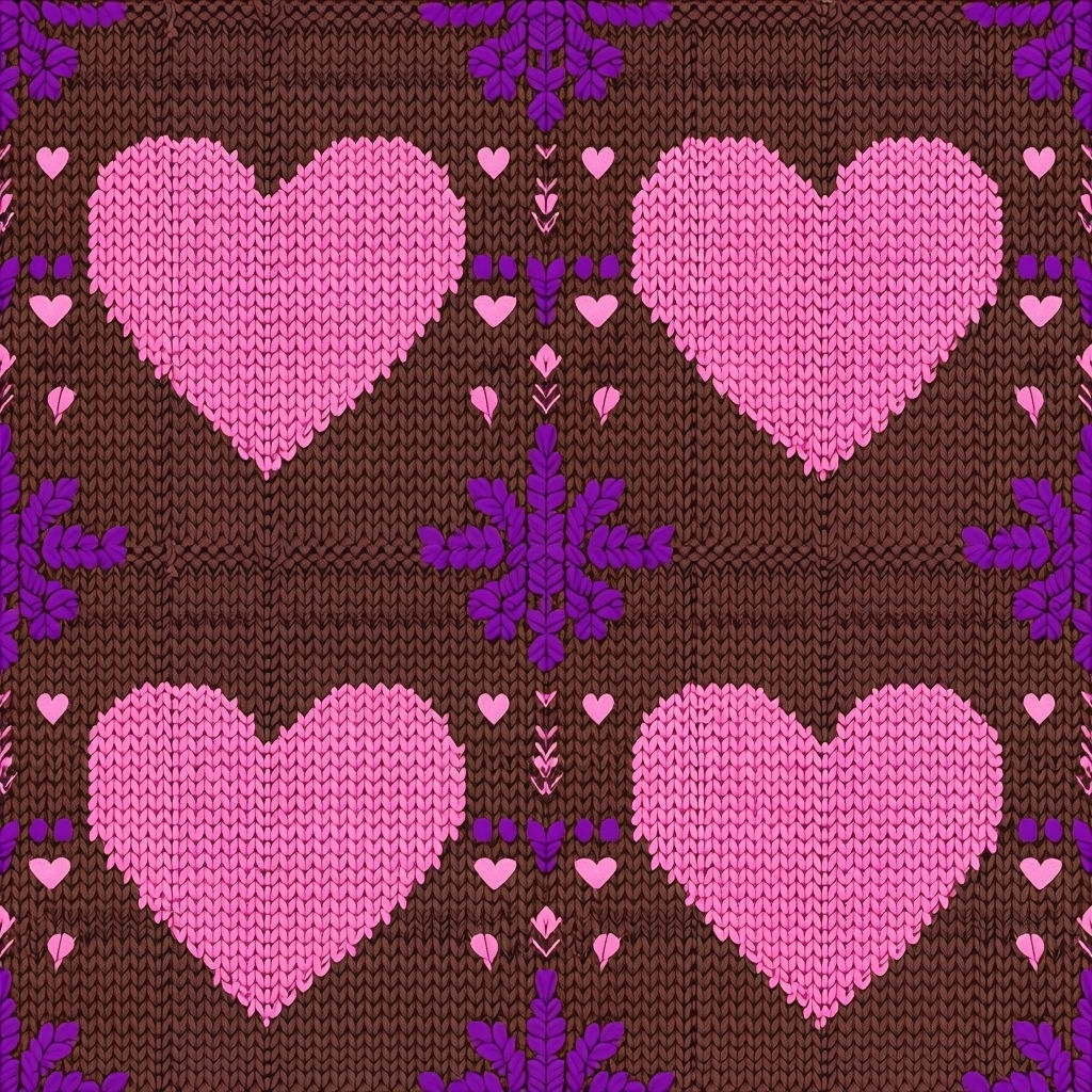 Symmetrical Light Pink Heart and Dark Purple Leaf Knit Pattern Seamless Patterns