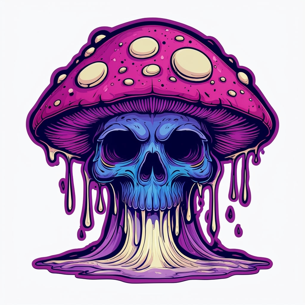 Vibrant Cartoon Skull Mushroom Illustration Sticker