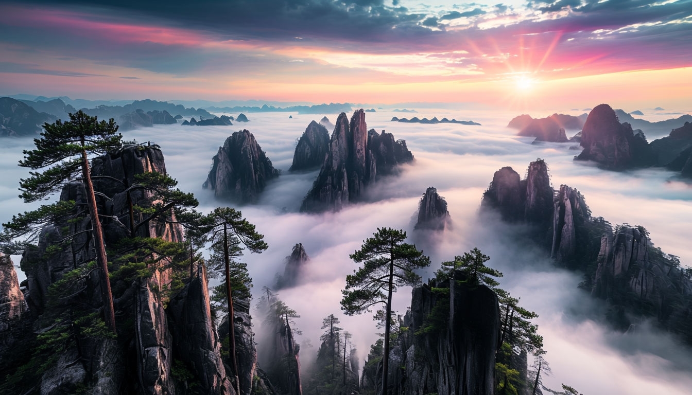 Ethereal Mountain Landscape with Misty Valleys at Sunrise Background