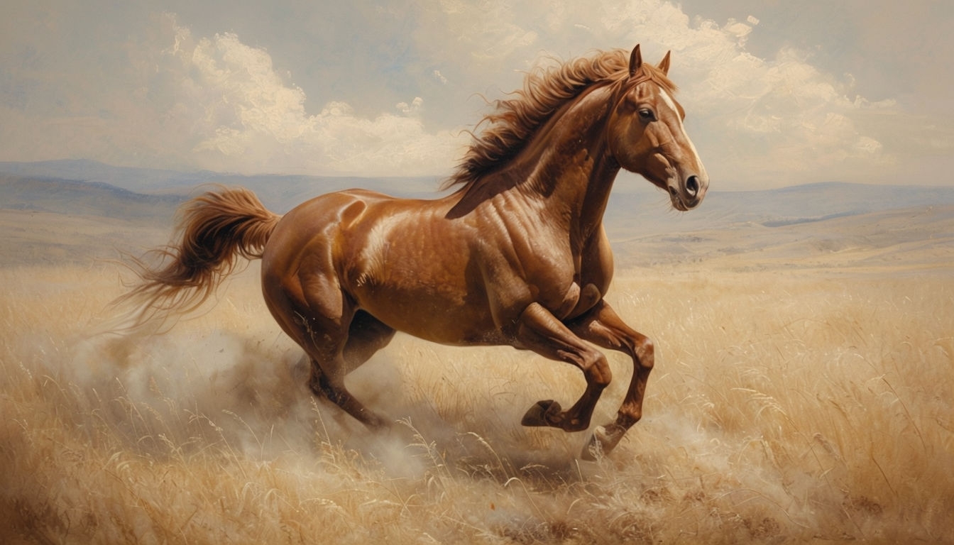 Majestic Chestnut Horse Galloping Through Golden Wheat Field Background