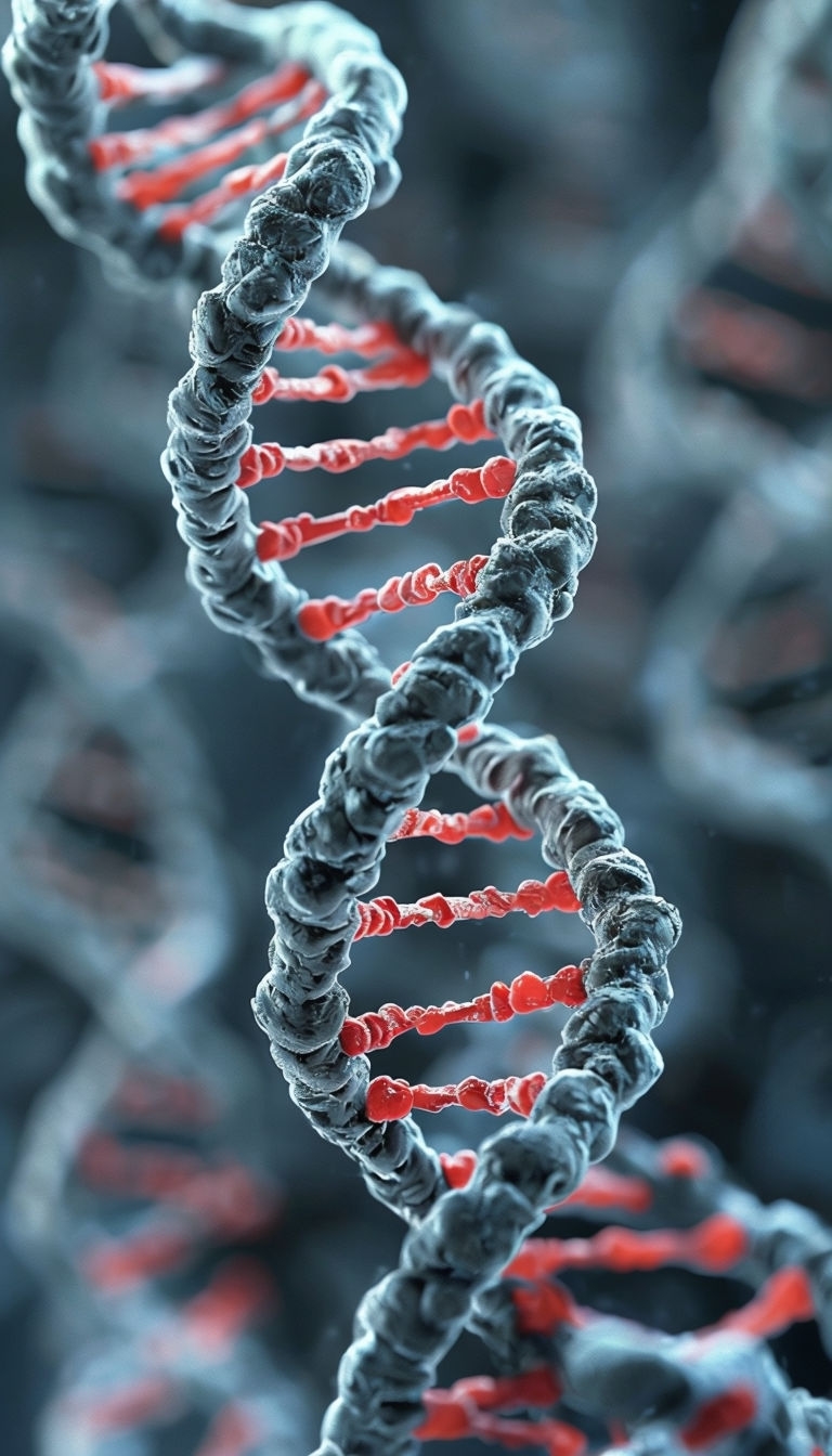 Intricate Macro Photograph of DNA Helix with Red Bases Mobile Wallpaper