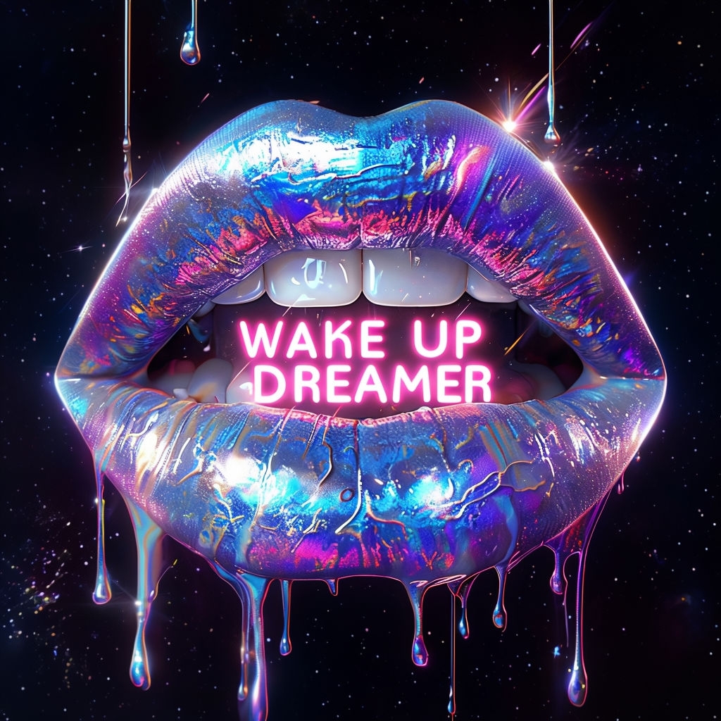 Vibrant Iridescent Glossy Lips with Neon Text Art Poster