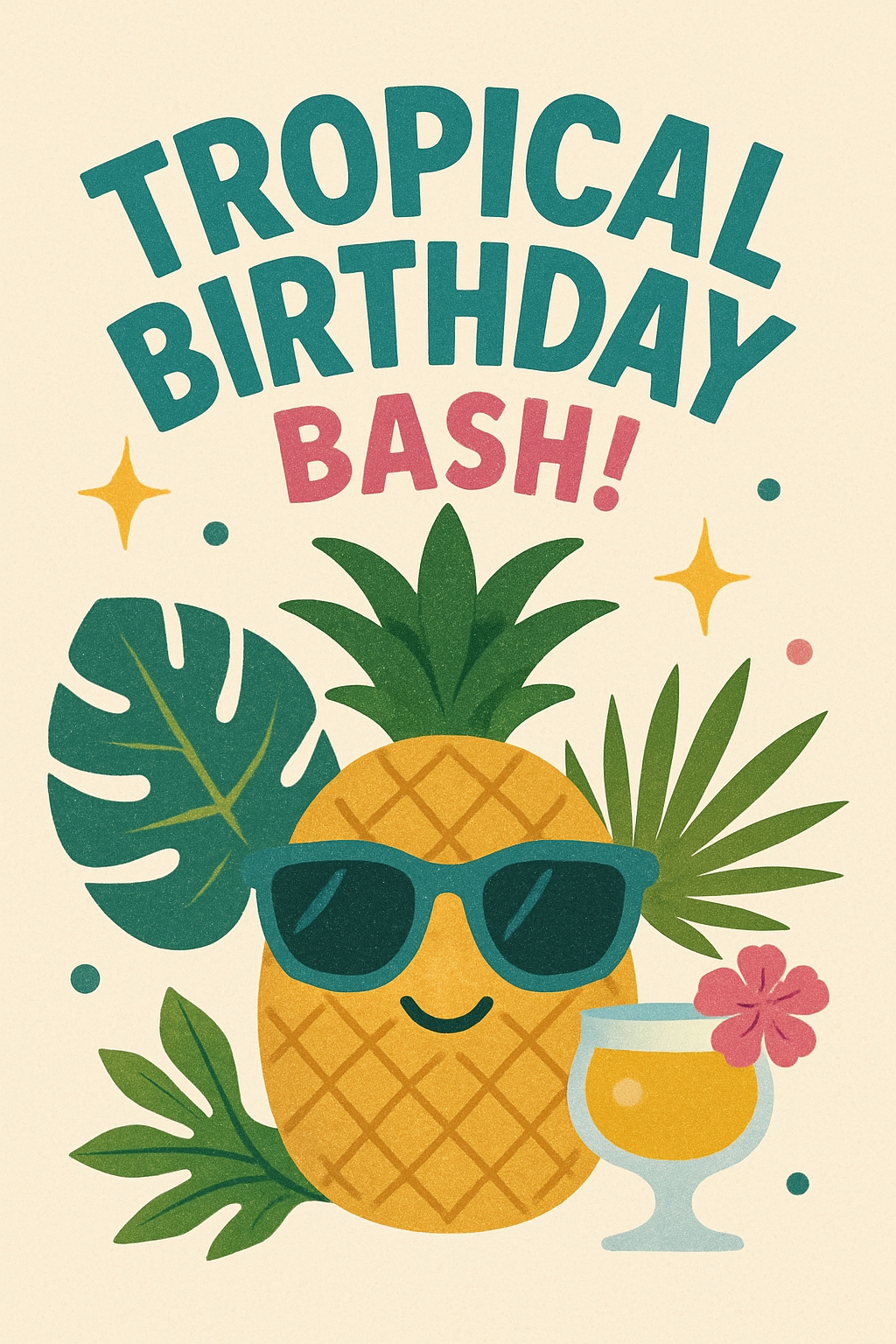 Vibrant Tropical Birthday Bash Card Design with Pineapple Character Cards & Invites