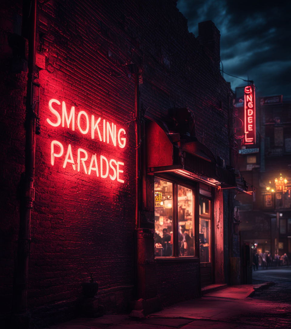 Sign reading "Smoking Paradise," neon tubing glowing in bold, crimson, haloed by a faint, milky haze, mounted on an aged brick wall at the entrance of a clandestine cigarette lounge, nighttime ambience, contrasting shadows, selective focus on the sign, background softly blurred with silhouettes of patrons, digital painting, dramatic lighting, golden ratio, ultra realistic.