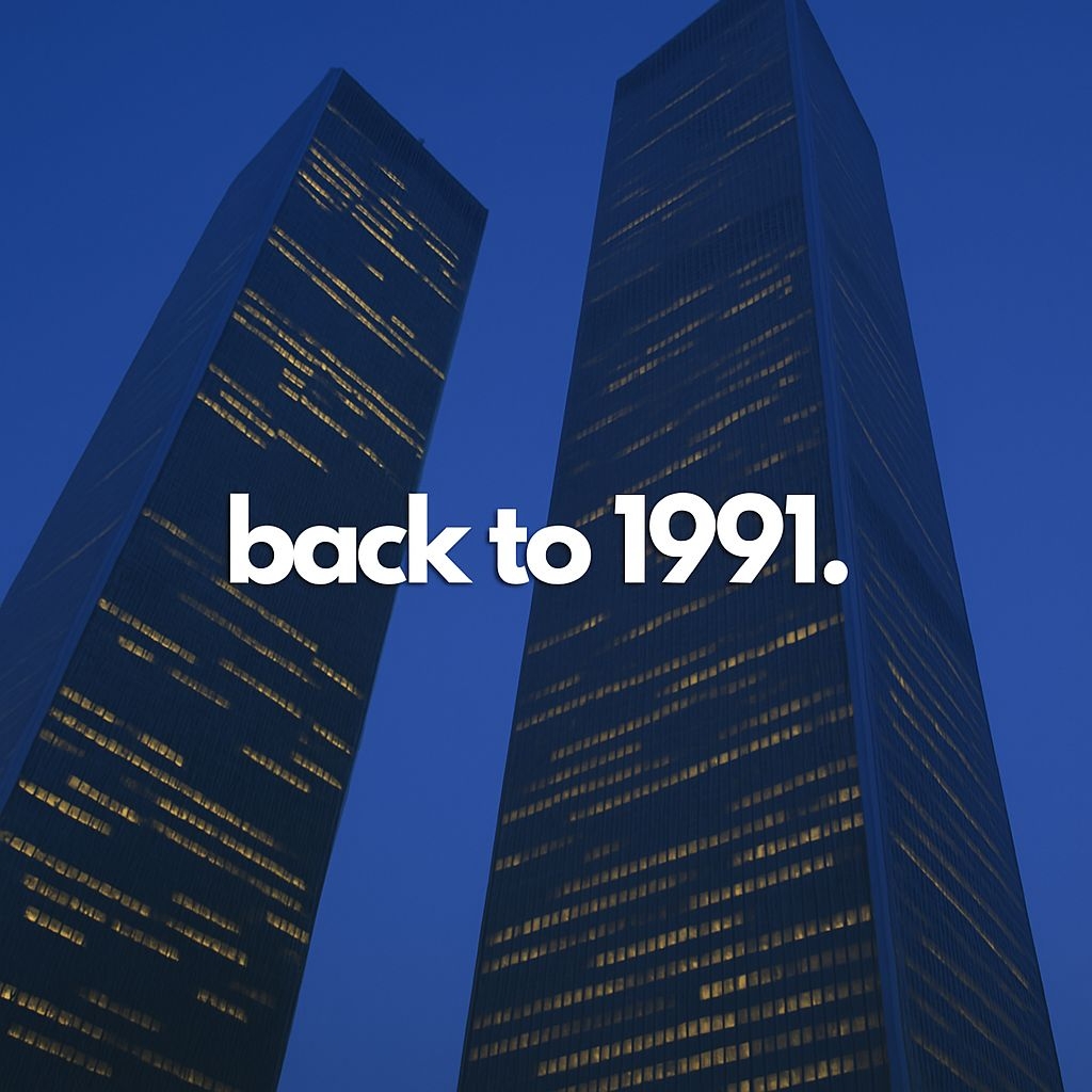 Nostalgic Twilight Twin Towers with Retro Text Album Cover