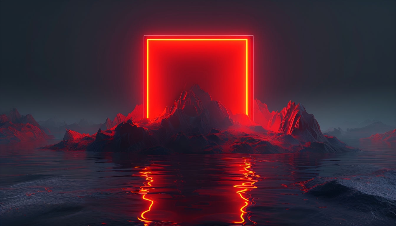 Glowing Red Neon Square Light Box with Rocky Terrain Background Virtual Backgrounds