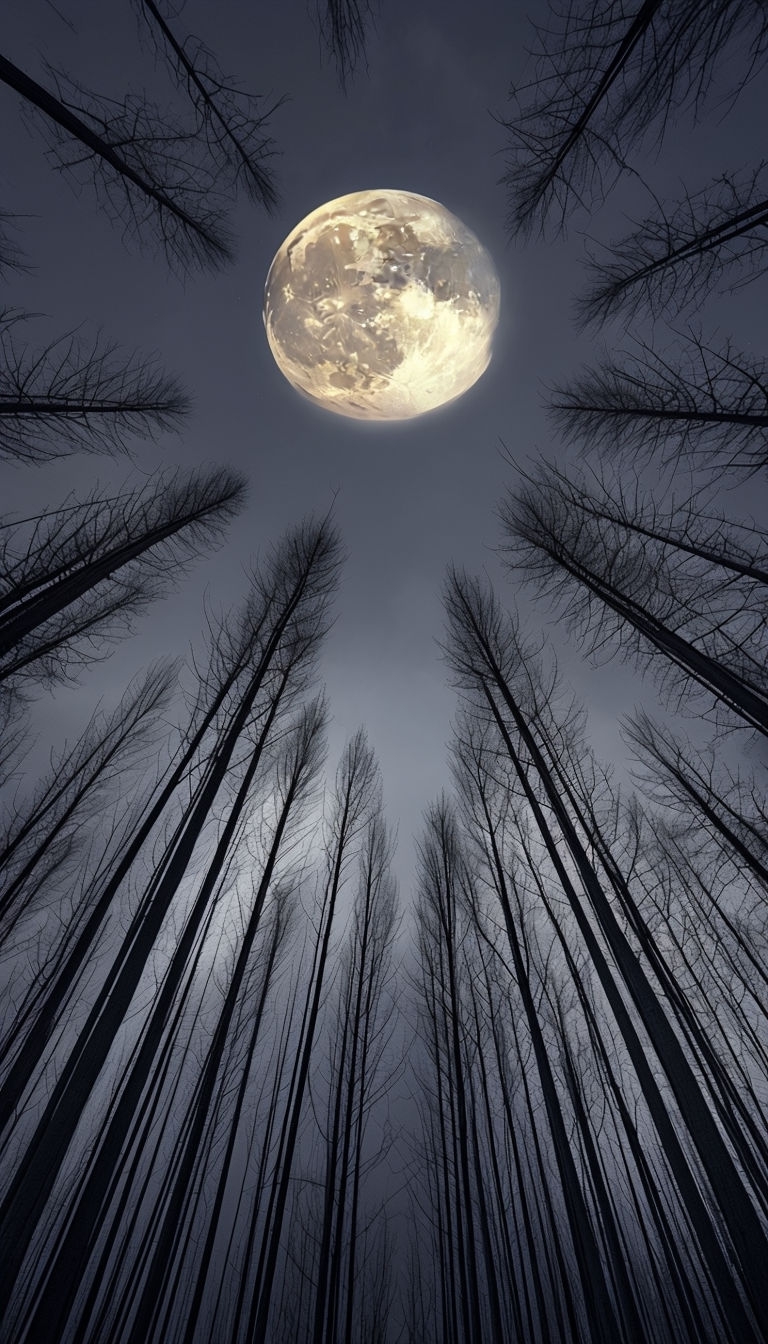 Ethereal Night Landscape with Trees and Glowing Moon Mobile Wallpaper