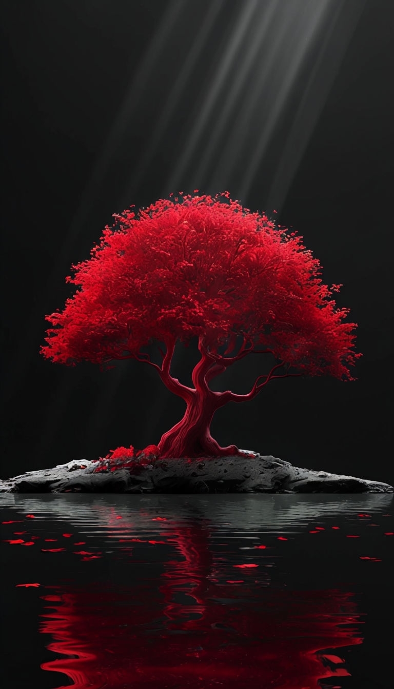 Vivid Crimson Tree with Reflections Against Black Background Mobile Wallpaper