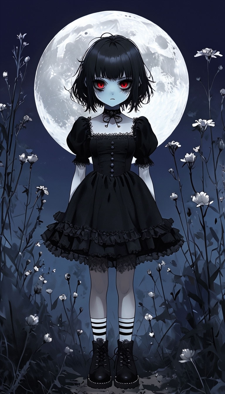 Gothic Anime Girl with Full Moon Illustration Phone Case Cover
