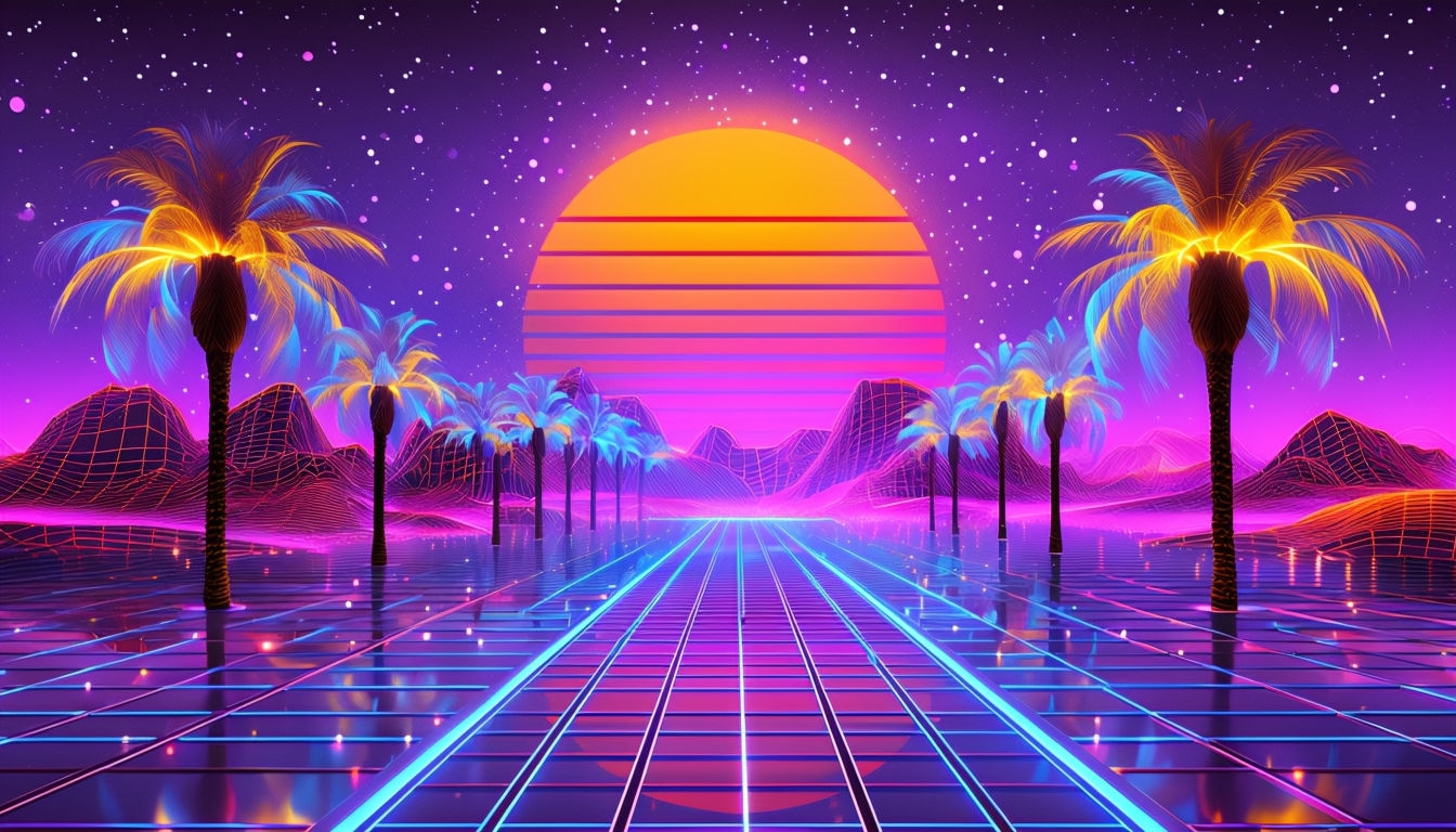 Vibrant Retro-Futuristic Neon Landscape Virtual Background
