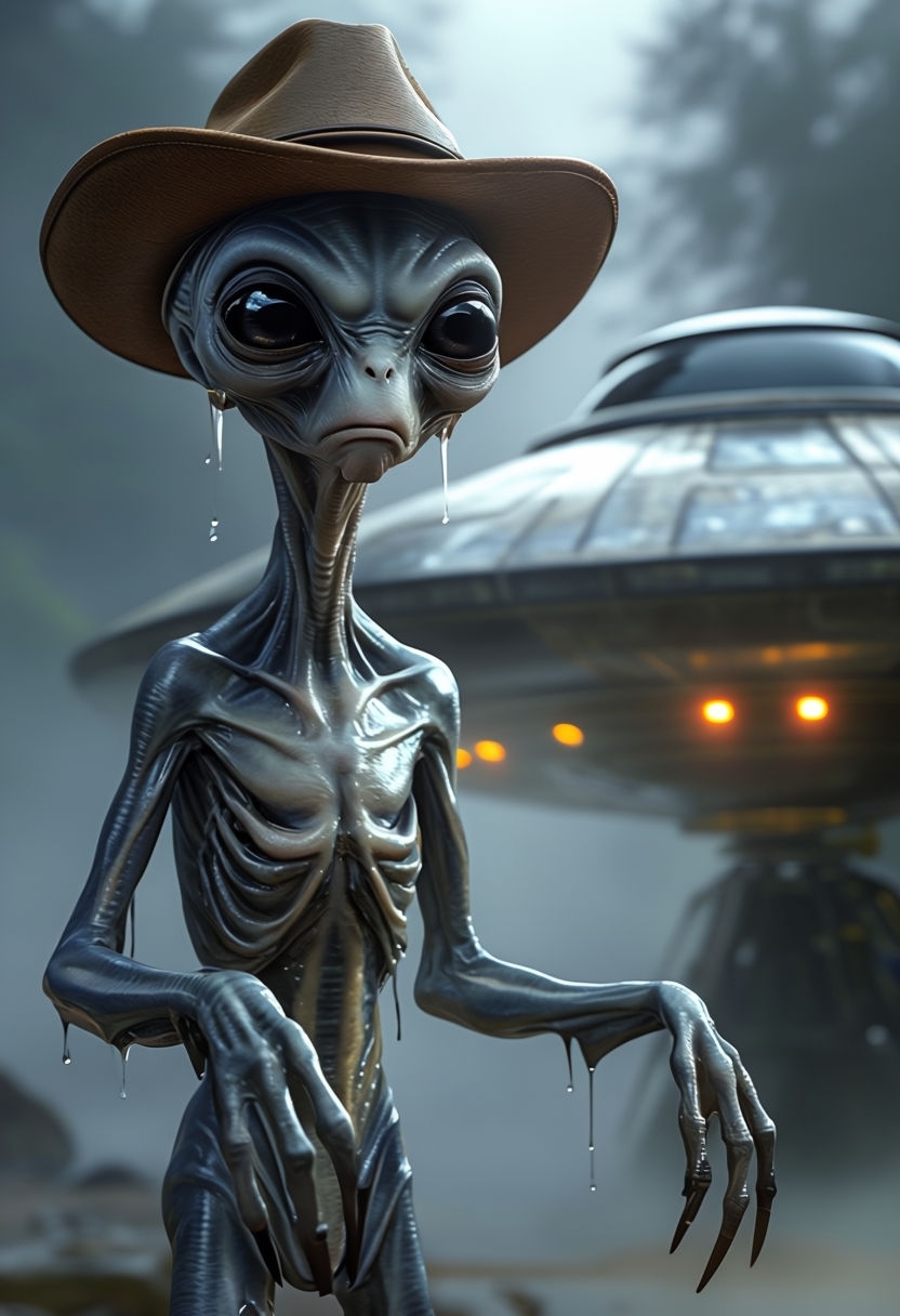 Eerie 3D Alien Creature with Cowboy Hat and UFO Mobile Wallpaper