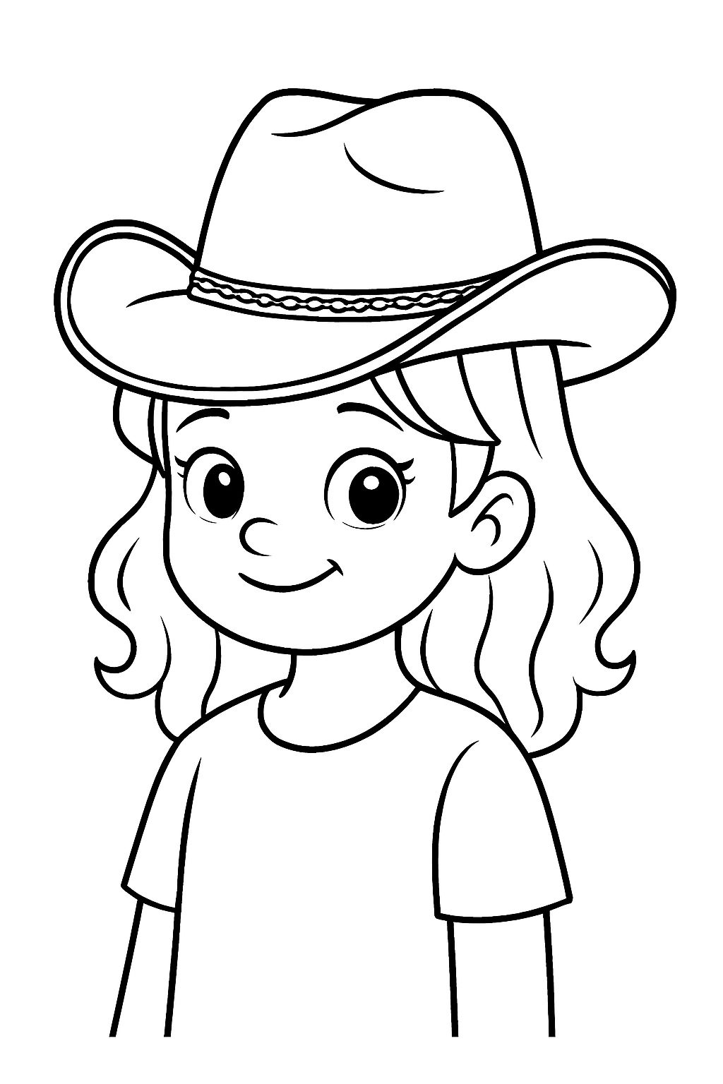 Cheerful Cartoon Girl with Cowboy Hat Line Drawing Coloring Book Pages