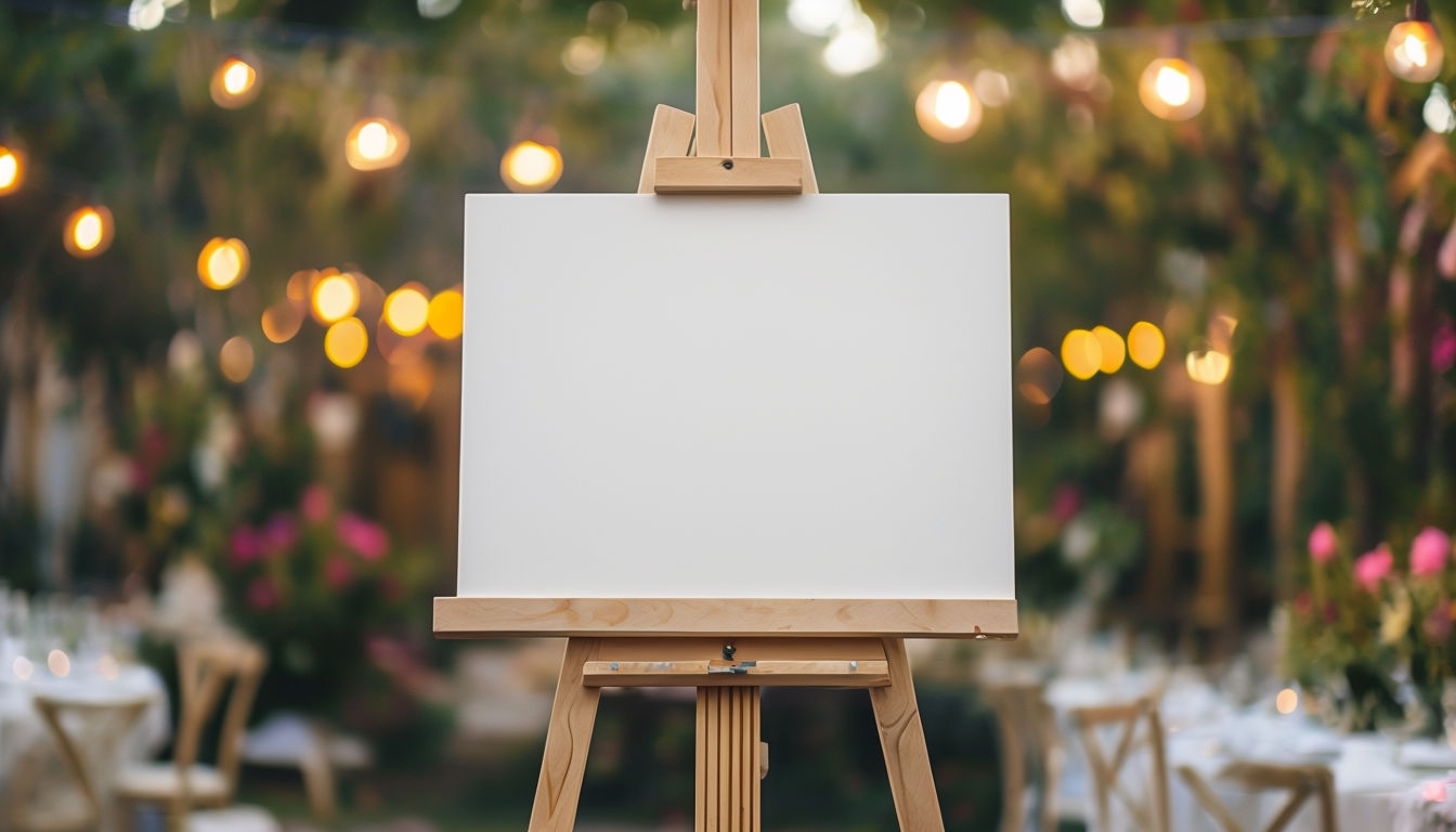 Elegant Wooden Easel with Blank Canvas in Romantic Outdoor Setting Mockup