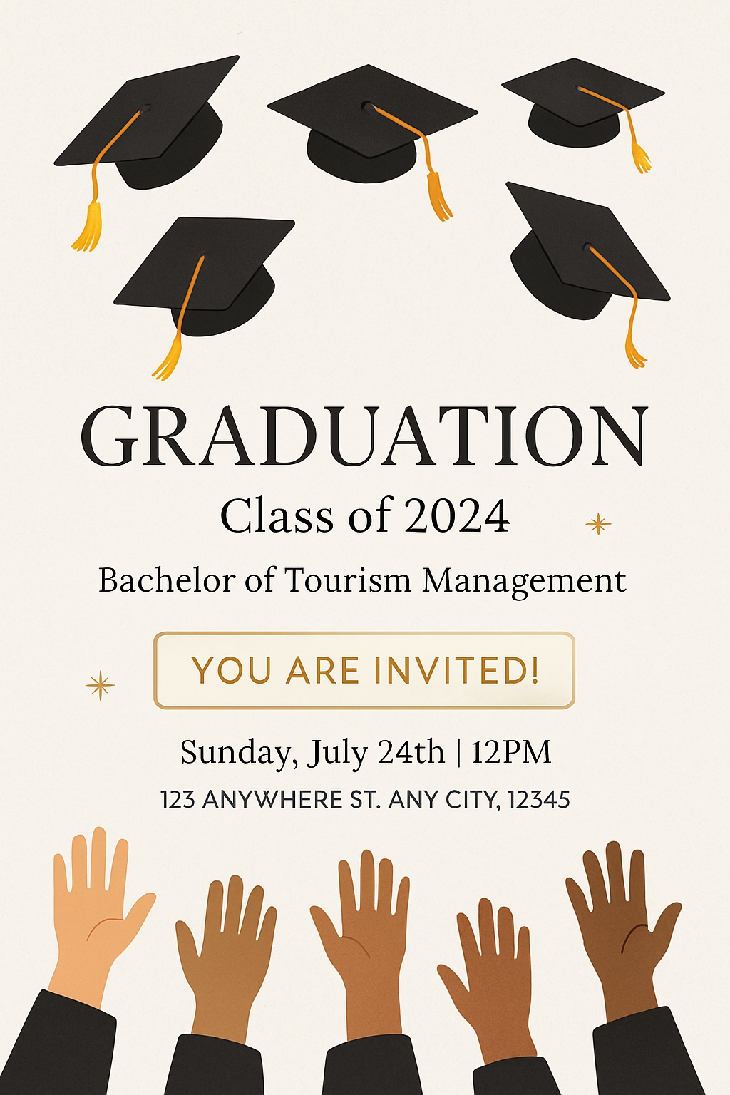 Minimalist Graduation Invitation with Black Caps and Gold Accents Cards & Invites
