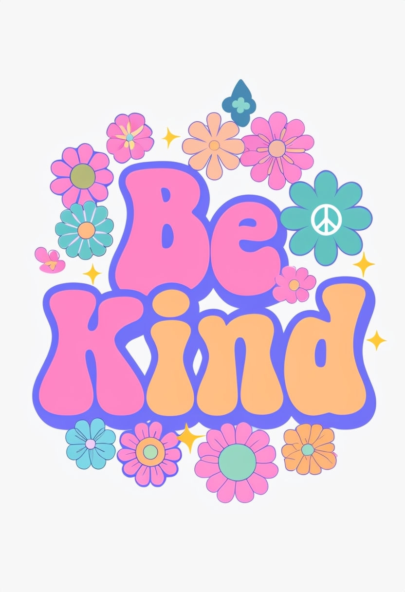 Vibrant Retro 'Be Kind' Graphic with Flowers and Sparkles Poster