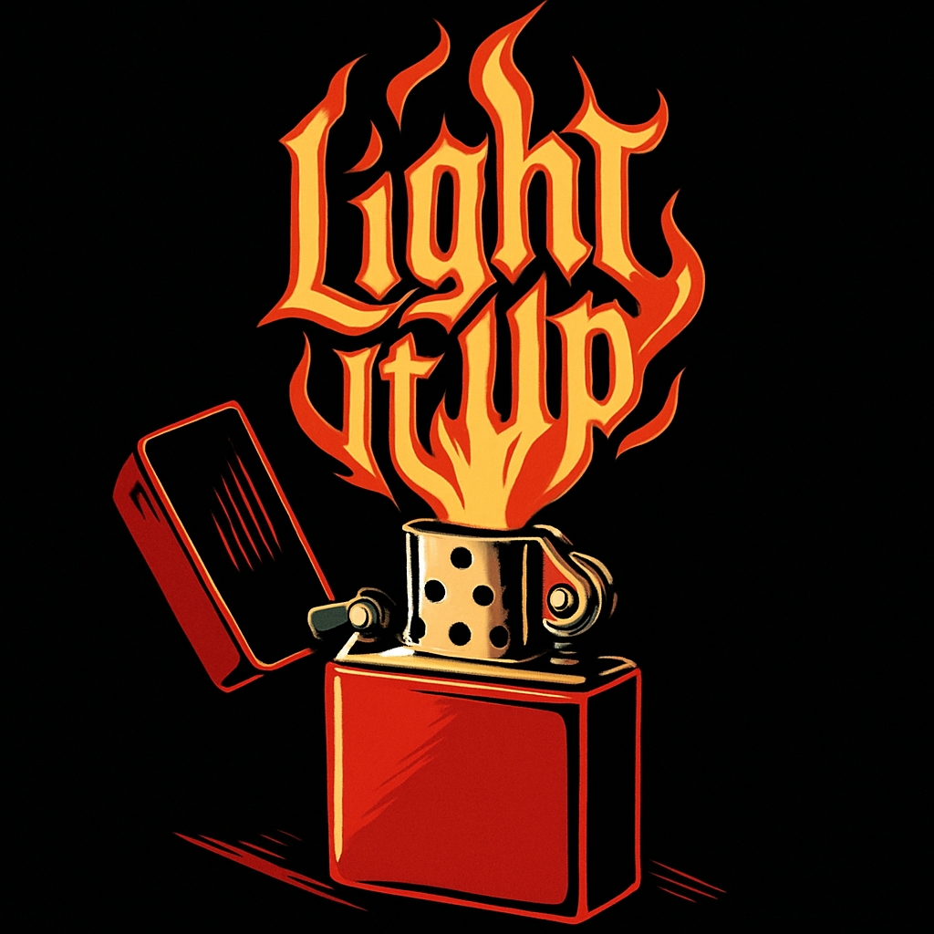 Vibrant Red Lighter with Flames and Gothic 'Light It Up' Design T-Shirt