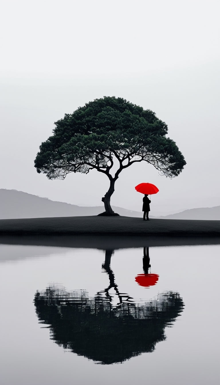 Solitary Tree with Red Umbrella Minimalist Photography Mobile Wallpaper