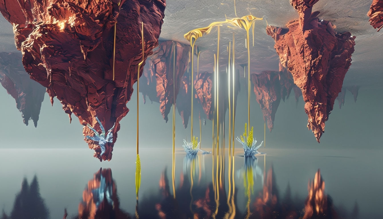 Surreal Inverted Desert Landscape with Golden Tendrils Background