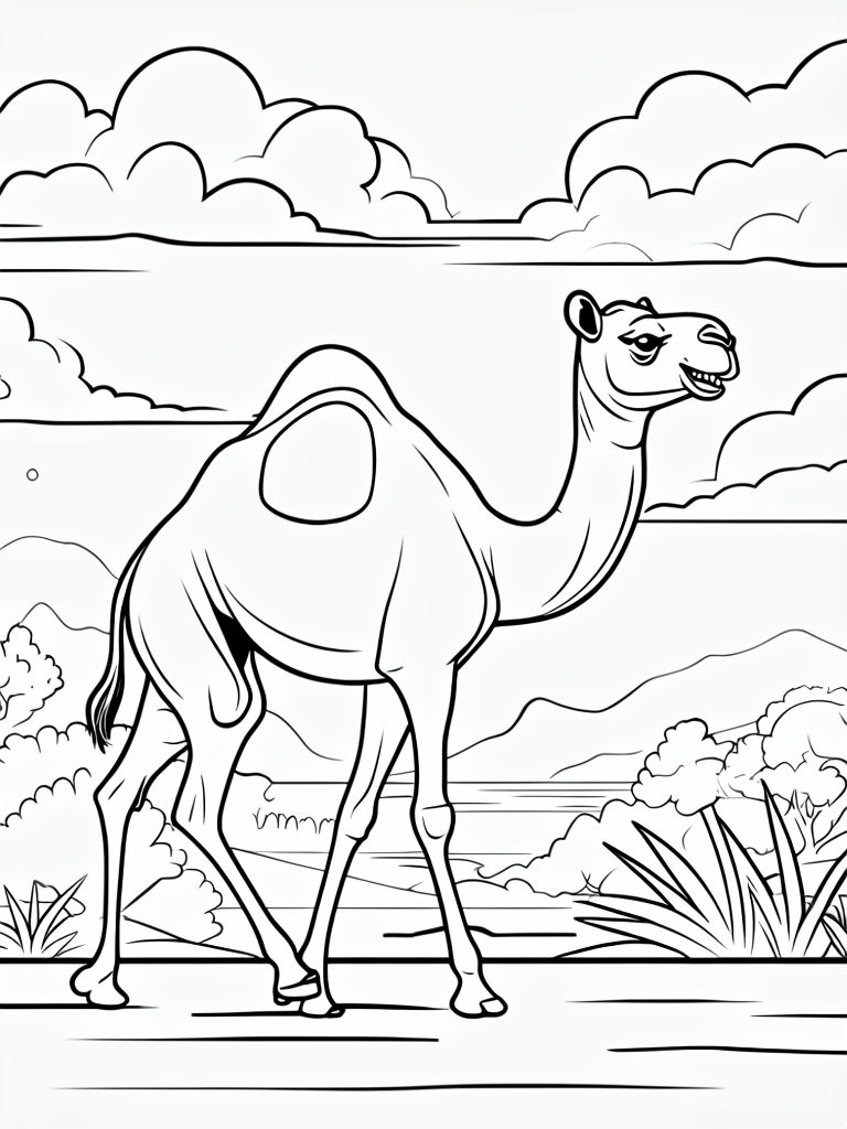 Black and White Cartoon Camel Walking in Nature Coloring Book Page