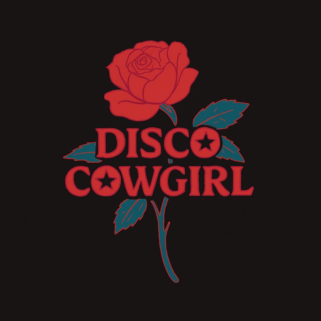 Stylized Red Rose and Disco Cowgirl Text T-Shirt