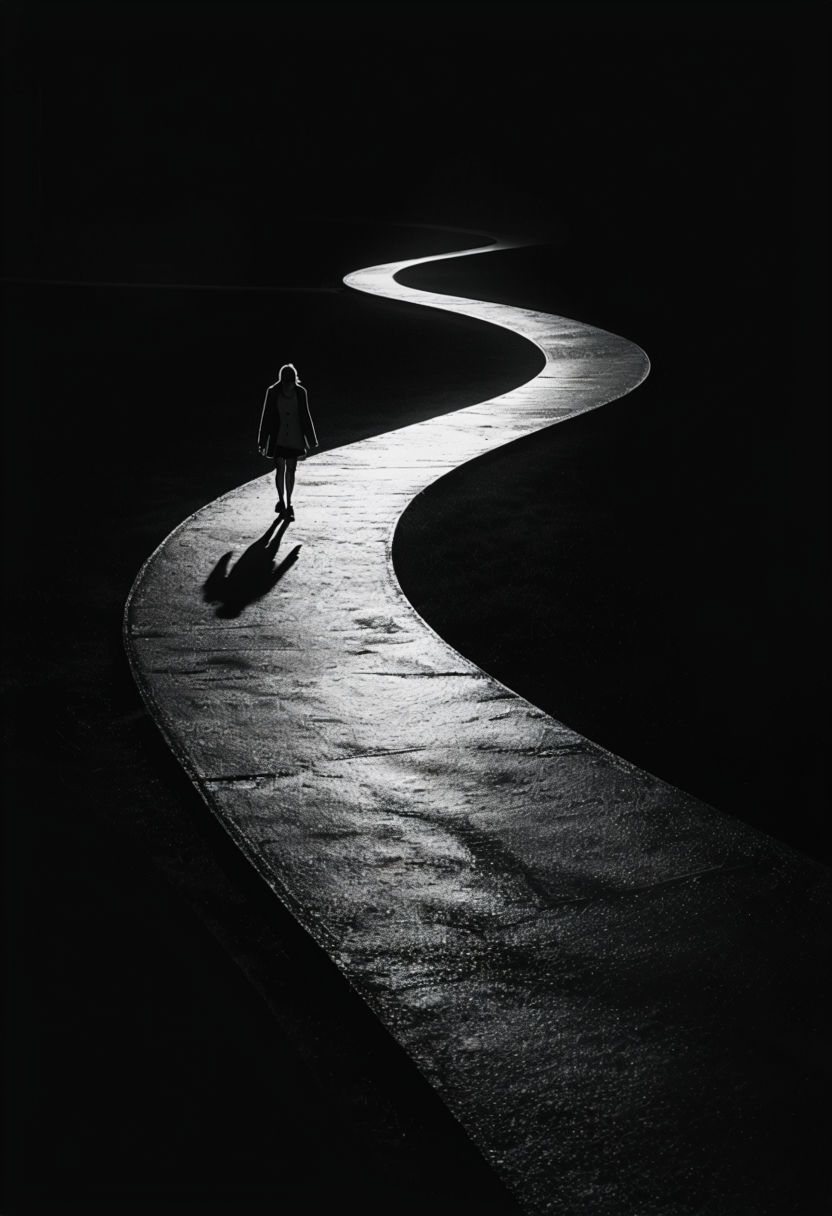 Solitary Figure Walking on Reflective Path Black and White Art