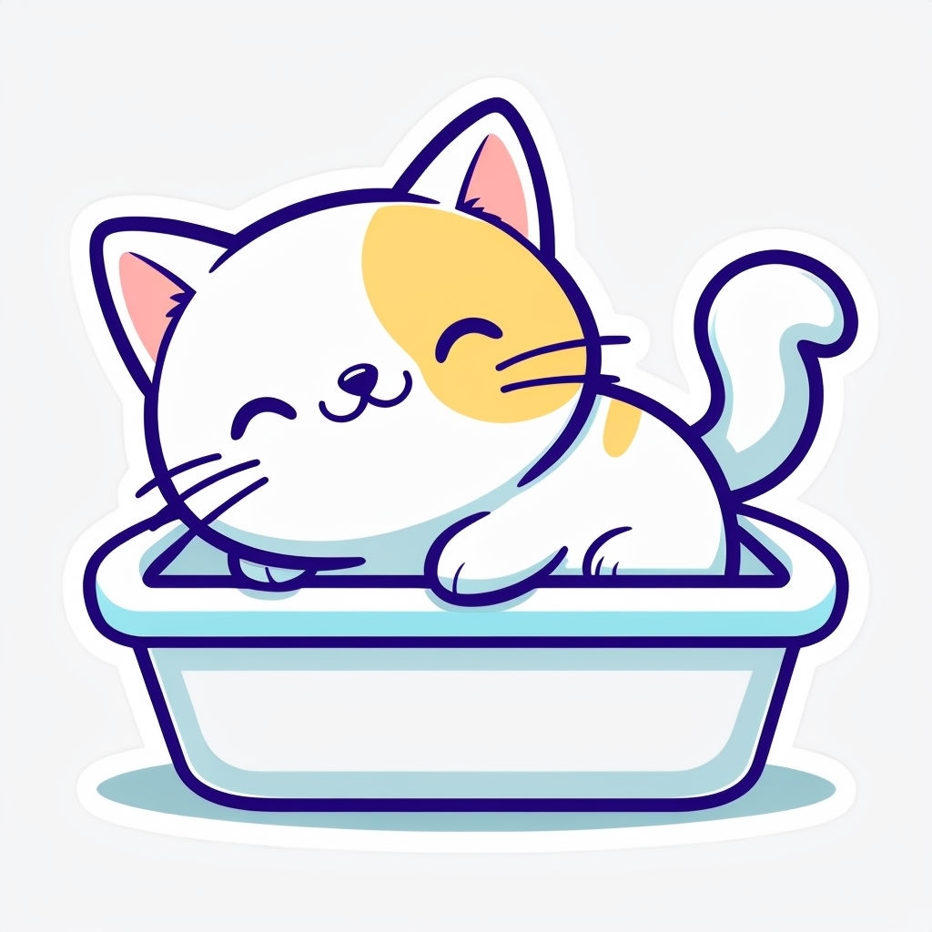 Adorable White Cat in Litter Box Cartoon Sticker