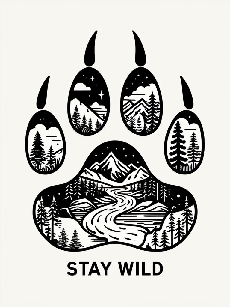 Stylish Minimalist Bear Paw Print with Stay Wild Phrase T-shirt