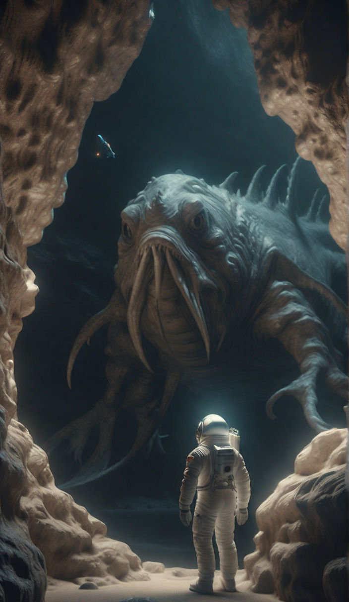 Astronaut in a cave facing a seamonster. High resolution 8k ... by ...