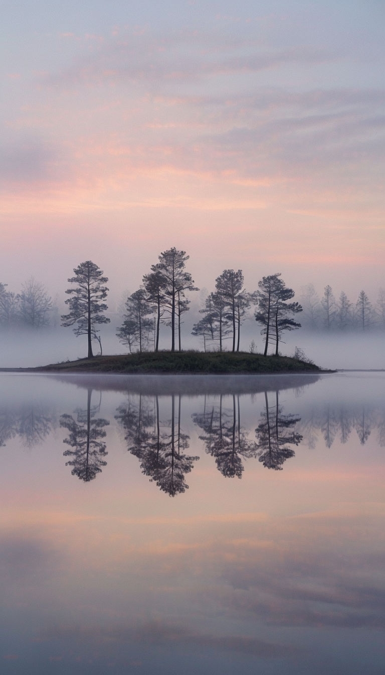 Serene Misty Dawn Landscape with Calm Reflections Mobile Wallpaper