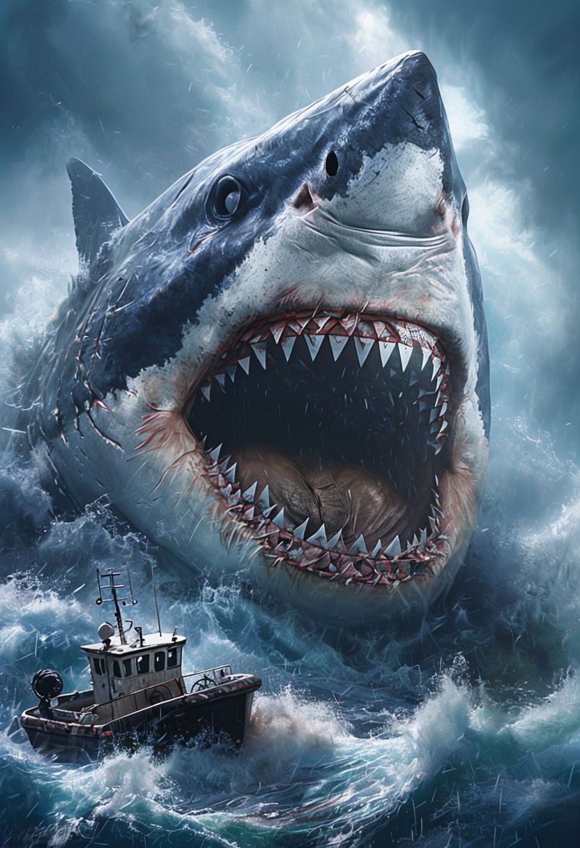 Menacing Shark Emerges from Tumultuous Ocean Scene Art