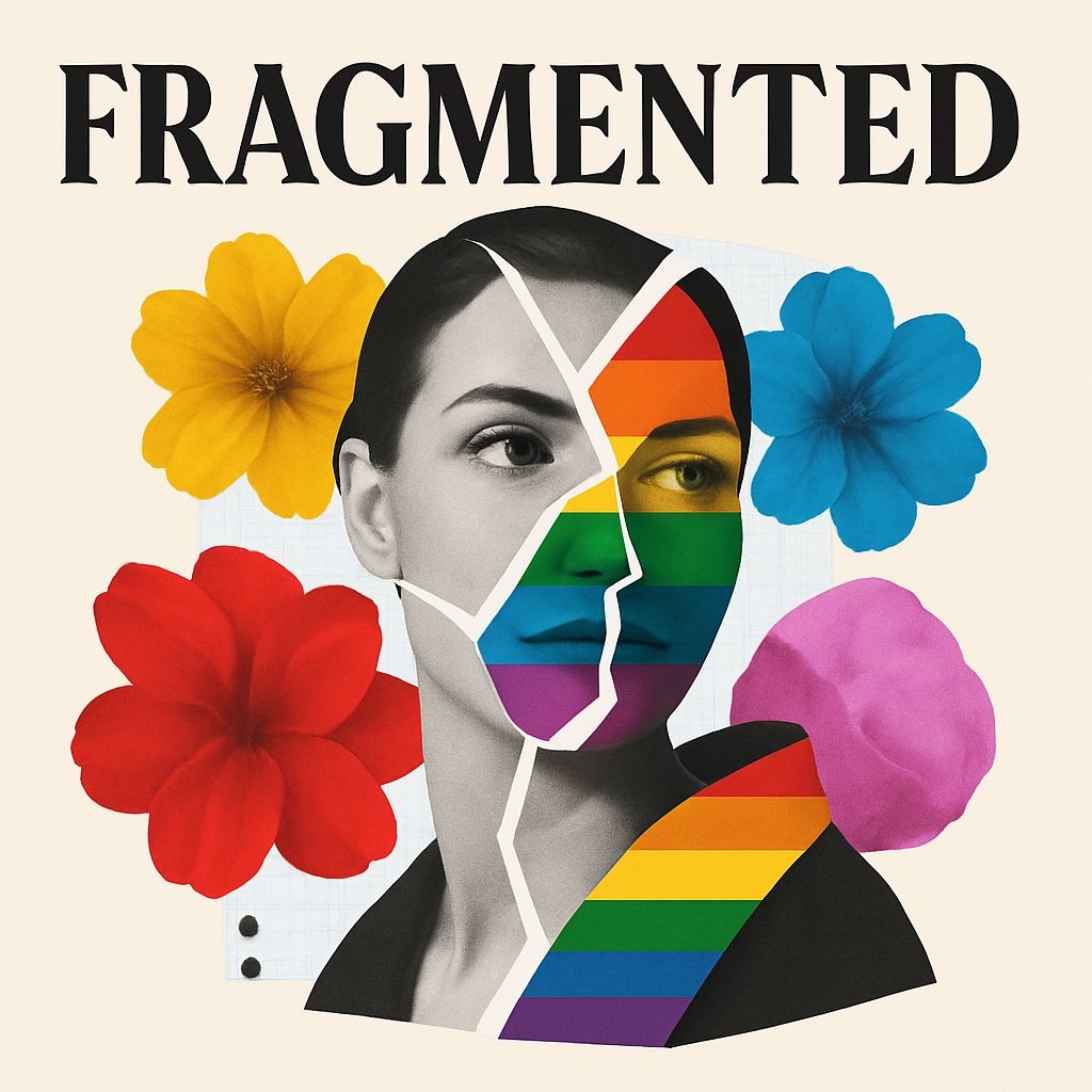 Surreal Fragmented Woman with Vibrant Floral Accents Album Cover