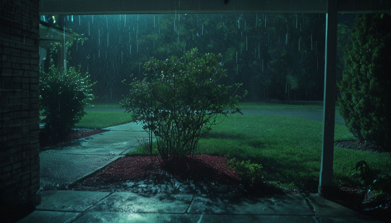 Eerie Nighttime House Scene with Rainy Atmosphere Background