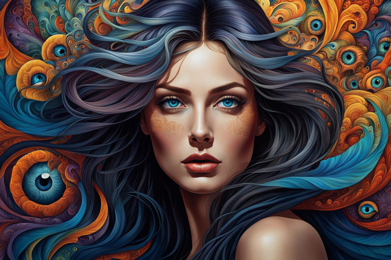 The image depicts a woman with flowing hair and piercing eye... by Lobo ...