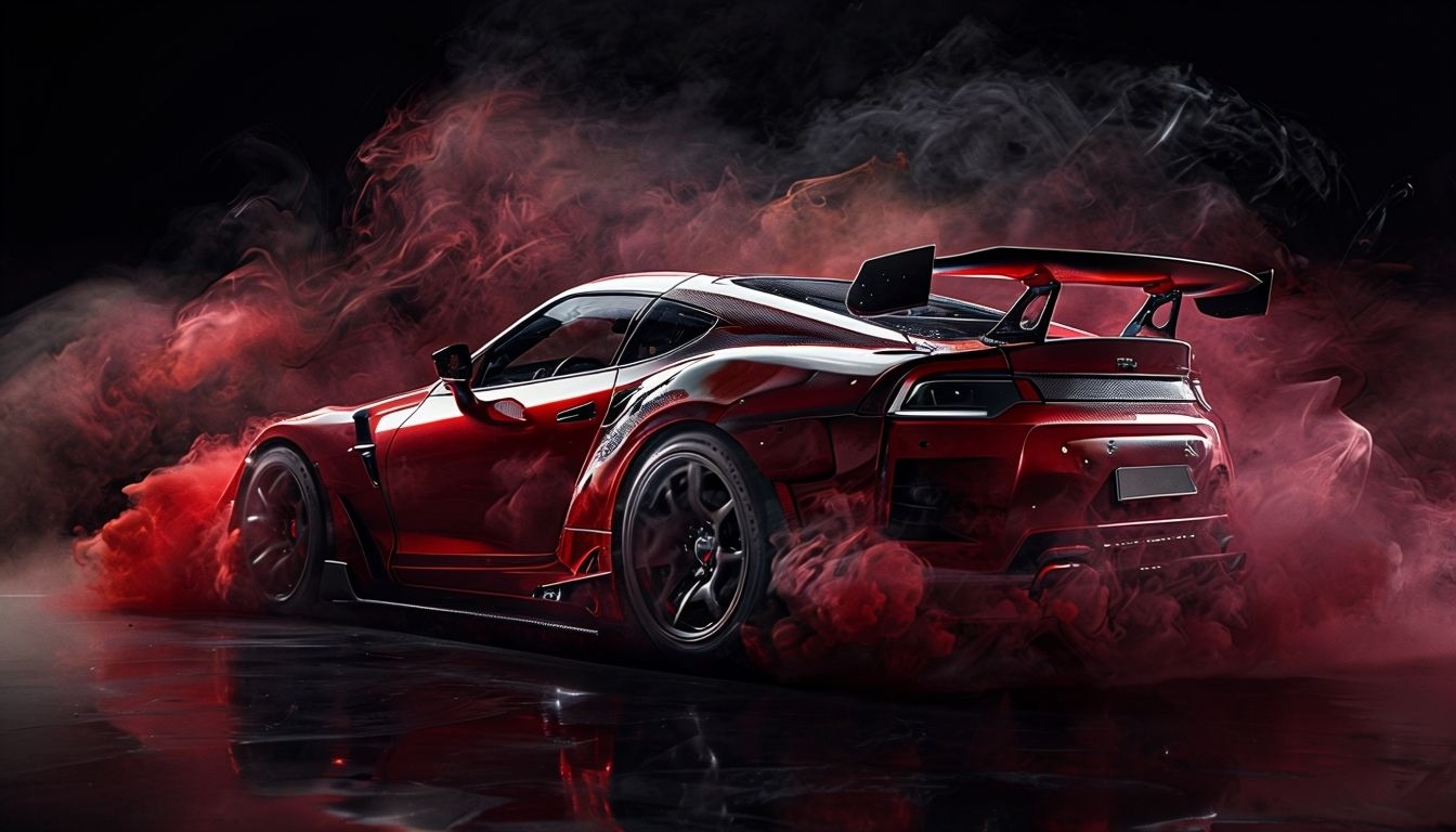Sleek Red Sports Car with Smoke in Dramatic Digital Art Background